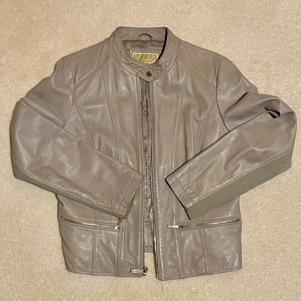 Michael Kors Leather Jacket with Stretch Panels in Pearl Grey